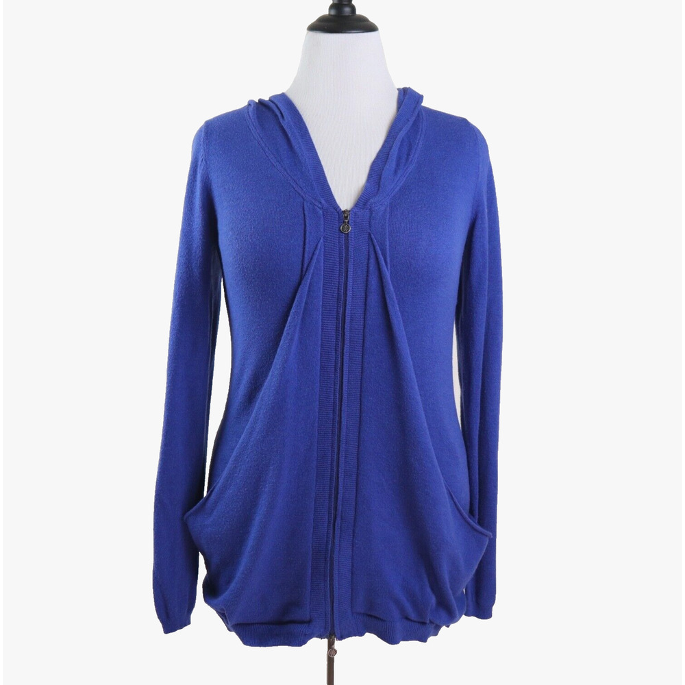 Athleta Size L Fine Knit Hooded Sweater Double Zip Royal Blue - Picture 2 of 12